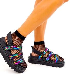 Dr. Martens Yelena Sequin Hydro Leather PU Sandals - Rainbow Black Size 10